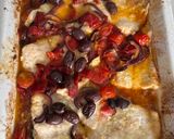 A picture of step 4 of Baked Italian cod with cherry tomatoes, olives and peppers.