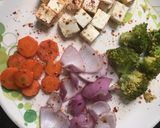 A picture of step 4 of Veg Pulao with Kadai Paneer masala, boiled egg fry and grilled veggies with Paneer.
