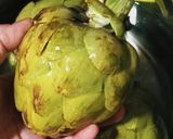 A picture of step 1 of Grilled Artichokes with Garlic, Oil, and Parsley Dressing.