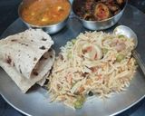 A picture of step 8 of Pea curry Pulao Karela and chapati.