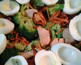 A picture of step 11 of Buttery broccoli salad topped with deviled eggs.
