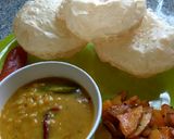 A picture of step 7 of Luchi, cholar daal, aloo bhaja.