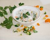 A picture of step 6 of A healthy breakfast-Fermented Farro with curd, sprouts, and veggies.