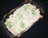 A picture of step 7 of Alfredo penne pasta.