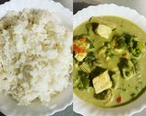 A picture of step 6 of Green Thai curry with steamed rice.