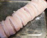 A picture of step 5 of Rolled Pork belly stuffed with Sage and onion stuffing.