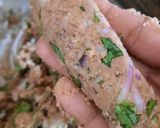 A picture of step 6 of Mutton Kebab with leftover meat and rice.