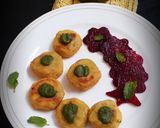 A picture of step 8 of Bharwan bafauri with pickled beetroot.