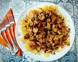 A picture of step 5 of Garlic Squid with Lemon-Pepper Dressed Potato Chips.