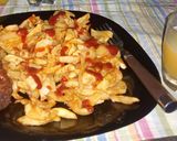 A picture of step 10 of French fries, coated chicken and fresh pineapple juice....