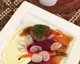 A picture of step 16 of Fillet of beef with parsnip and macadamia purée with seasonal vegetables.