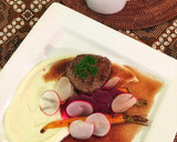 A picture of step 16 of Fillet of beef with parsnip and macadamia purée with seasonal vegetables.