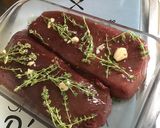 A picture of step 7 of Beef Filets with Marinated Garlic, Thyme, and Rosemary.