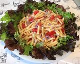 Une image de l'étape 9 de Salade de pâtes aux tomates,laitue tricolore et fleurs de ciboulette (sauce au melfor).