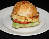 A picture of step 4 of Crab burgers on homemade sesame seed buns.