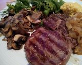 A picture of step 8 of Ribeye Steak with Onion Gravy, Mushrooms & Fresh Greens.