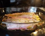 A picture of step 5 of Dover Sole in the oven with hot and crispy onion and potato on the side.