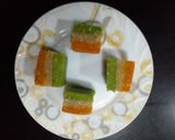 A picture of step 4 of Tricolour Burfi (no fire recipe).