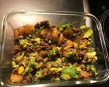 A picture of step 4 of King prawns on lentils and pistachios with avocado.