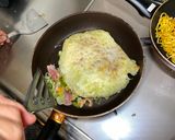A picture of step 4 of Japanese Hiroshima Okonomiyaki Pancake.