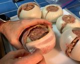 A picture of step 5 of Bacon-wrapped meatloaf bombs!.