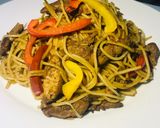 A picture of step 5 of Chicken stir fry pasta.
