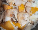 A picture of step 2 of Pumpkin, Mushroom, and Chicken Rice (Rice Cooker Recipe).