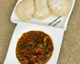 A picture of step 11 of Ogbono soup with white amala.