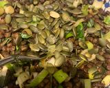 A picture of step 3 of Smokey lentils with roasted veg.