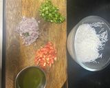 A picture of step 1 of Desi style fried rice with green chutney.