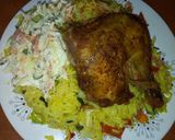 A picture of step 4 of Fried rice,chicken and salad.