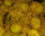 A picture of step 8 of Achari Aaloo (in mustard oil and with fresh spices).