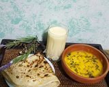 A picture of step 3 of Mango chutney with daal bhari roti and mango lassi.