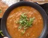 A picture of step 6 of Panchmel Dal with steamed rice.