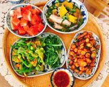 Hình bước làm 5 của món Tép ram thịt mặn ngọt “Canh bí đỏ nấu sườn non.Bữa cơm đầy đủ “