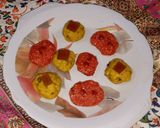 A picture of step 13 of Kaju ki burfi (cherries 🍒 and rose flavour) and laddoo (pan flavour).