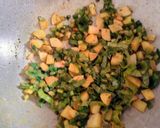 A picture of step 2 of Radish leaves sabzi, tomato arhar dal,rice & roti.
