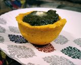 A picture of step 5 of Makki cup filled with sarson ka saag.