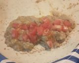 A picture of step 4 of Leftovers: Lamb and Bean Burrito and a Puddle of Hot Sauce.
