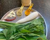 A picture of step 1 of Muli ka saag stir fried with besan (Radish greens with Gram flour).