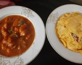 A picture of step 6 of Chicken jalfrezi with vegetable fried rice.