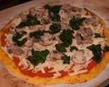 A picture of step 5 of Polenta Pizza with Mushrooms and Spinach.