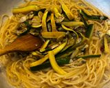 A picture of step 4 of One-Pan Spaghetti with Clams, Zucchini, and Saffron.