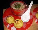 A picture of step 4 of Tomato egg soup  with  buttery patatos  swirls.