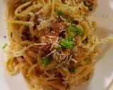A picture of step 4 of Carbonara with a small twist.