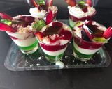 A picture of step 3 of Pista custard with banana jelly & plum jam.
