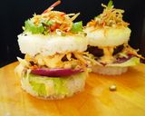 A picture of step 35 of Japanise Sushi Burger with Mutton Kebab and Kimchi Salad.