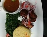 A picture of step 7 of Steamed Tumeric Rice,pan grilled chicken, Fried spinach and Mixed Vegetable gravy.