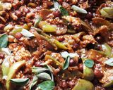 A picture of step 7 of Vankaaya Sanagala curry (brinjal black chana curry).
