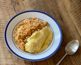 A picture of step 4 of Chicken Omurice - the old classic Japanese comfort meal, chicken kitchup rice with omlette.